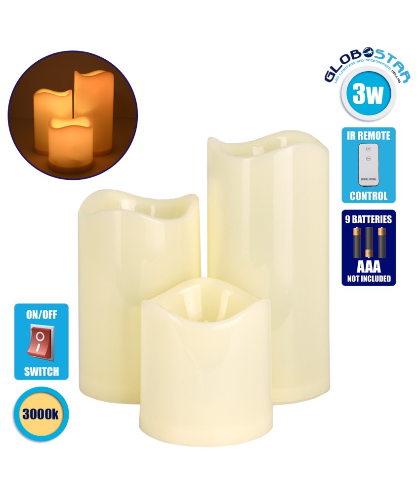 GloboStar® 79552 ΣΕΤ 3 Διακοσμητικών Realistic Κεριών με LED - Μπαταρίας & Ασύρματο Χειριστήριο IR Θερμό Λευκό 3000K